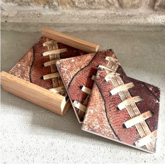 Set of 4 Football coasters and holder cork-back NEW, UNUSED - Picture 1 of 4